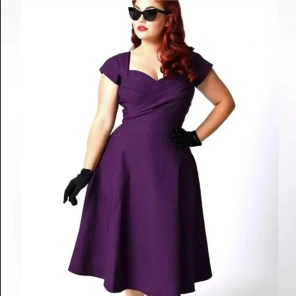 Unique Vintage Stop Staring ALTERED Cap Sleeve Swing Dress Purple Plus Size 16 - Picture 1 of 4